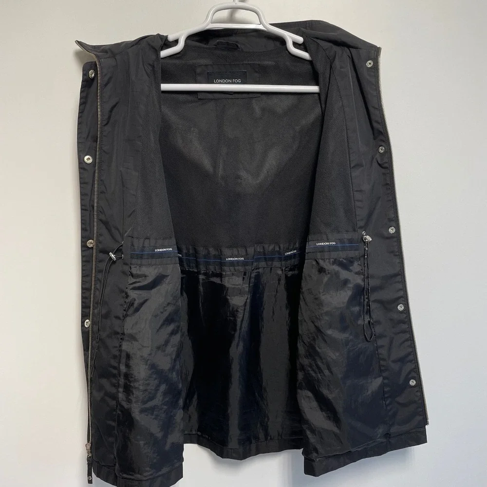 London Fog Black Hooded Trench Coat Large Utility Jacket AS-IS Repair READ - Picture 5 of 11